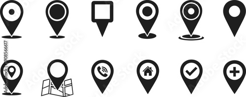 Map pin and location marker icons set with navigation, GPS, address and place symbols, black silhouette pointer collection isolated on white background for web, mobile and app design