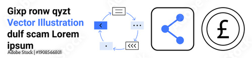 Business processes, finance, networking, communication, digital systems, information sharing. Diagram of connected icons including share symbol and currency pound sign. Business processes and finance
