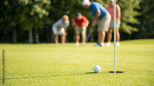 Golf ball sitting beside the cup on a vibrant putting green, with a group of friends or family in the background enjoying a focused moment during their game