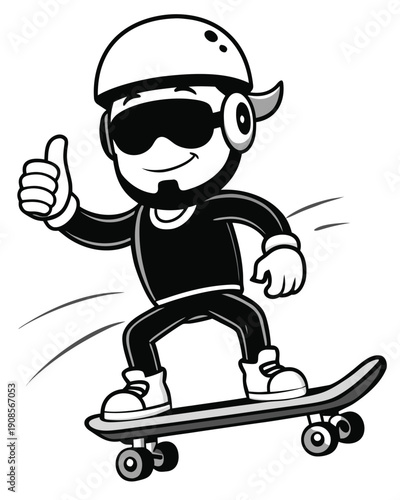 A skateboarder in action, riding a board with skill and giving a thumbs up, captured in a dynamic illustration from a front viewpoint.