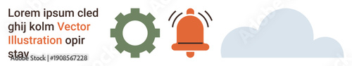 Technology systems, alert notifications, cloud storage, data processes, automation, digital interaction. A gear, alarm bell and cloud are presented. Technology systems and alert notifications
