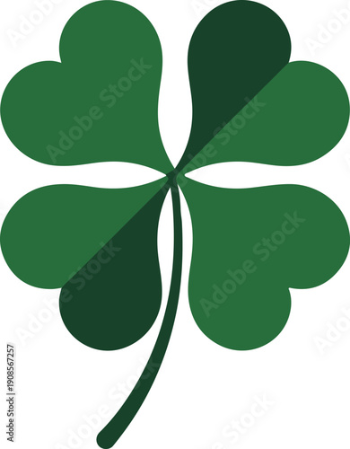 Clover with four leafs icon on light background. St Patrick's day, leprechaun symbols. Green lucky clover sign. Flat minimal design.