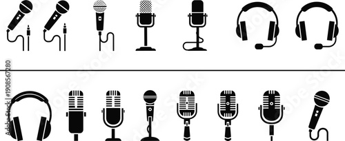 Microphone and headphones icons set with podcast, broadcast and recording equipment symbols, black audio devices collection isolated on white background for media and sound design