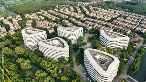 Dianshan Lake Industrial Base Kunshan: Modern Curved Residential Towers Aerial View