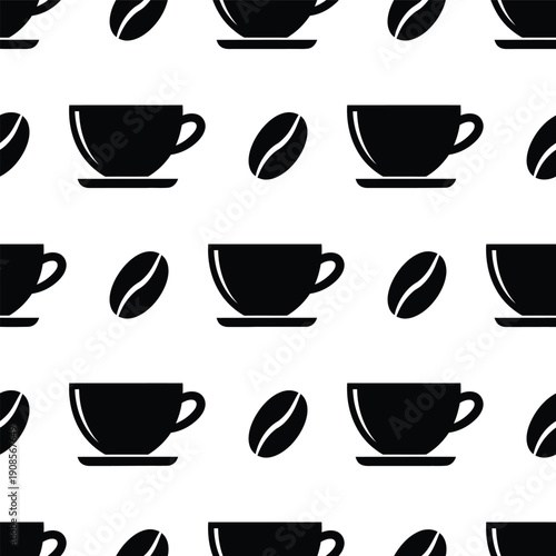 Coffee cups and beans pattern in black on white background viewed from directly above
