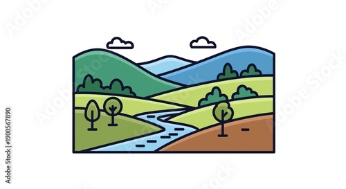 Cartoon Landscape with River and Hills.