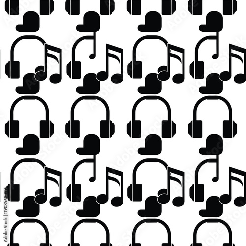 Repeating pattern of headphones and music notes in black illustration