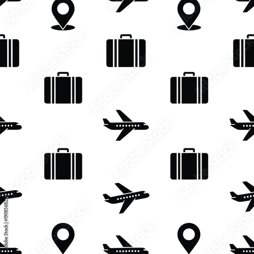 Travel icons pattern featuring suitcases, airplanes, and map pins in a seamless design