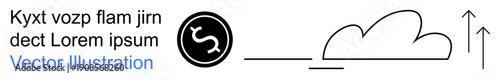 Financial growth, cloud computing, data exchange, business analytics, technology investment, digital economy. Black coin with dollar symbol, cloud and upward arrows. Financial growth and cloud