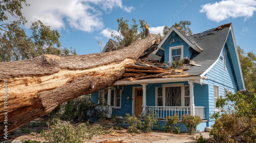 Fototapeta premium Large fallen tree on a blue house after a storm, causing major structural damage to the roof and porch