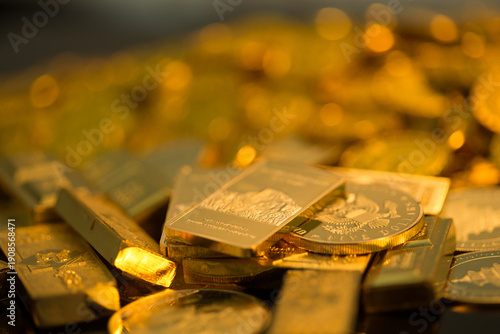 Gold Coins and Bullion Bars Close-Up