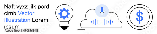 Technology, innovation, cloud computing, voice recognition, financial growth, data analysis. Minimal icons of lightbulb gear, cloud with microphone and dollar symbol. Technology and innovation