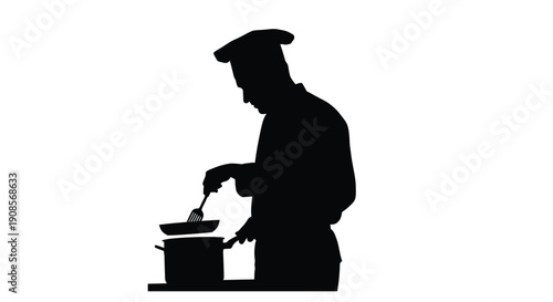 Silhouette of a chef stirring food in a pot on a white background