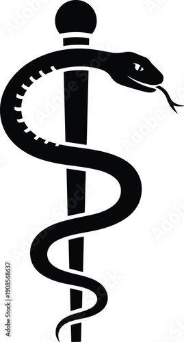 Rod of Asclepius medical symbol, snake coiled staff icon, healthcare vector illustration, healing and medicine graphic design, Greek mythology