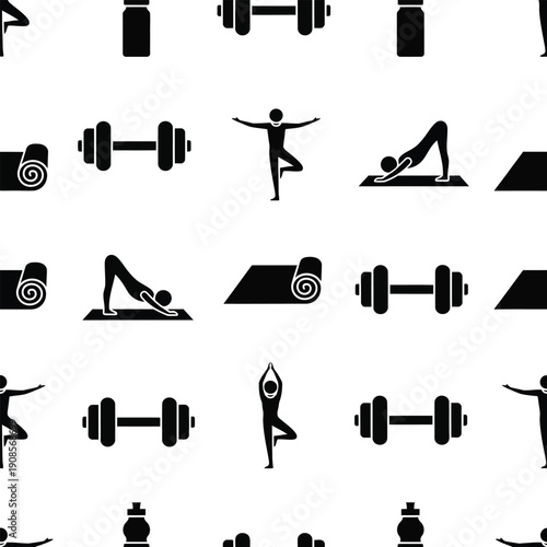 Fitness icons pattern with yoga and dumbbells in black silhouettes