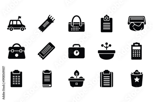 Travel and business icons: car, tickets, bags, phone, plant