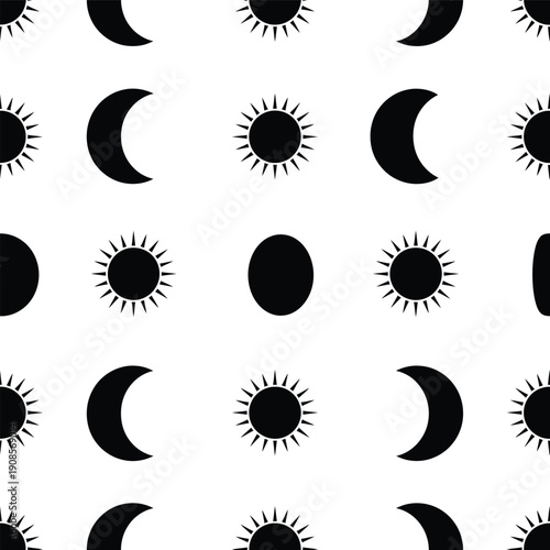 Illustration of celestial bodies in various lunar phases and sun symbols arranged in a grid pattern