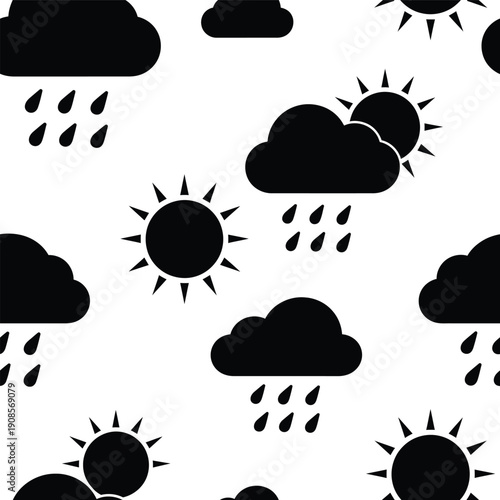 Seamless pattern of weather icons including clouds, sun, and rain