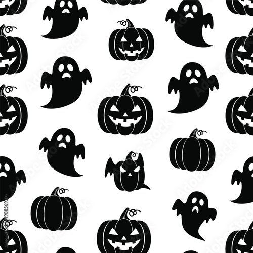Halloween icons pattern with ghosts and pumpkins on white background viewed from front