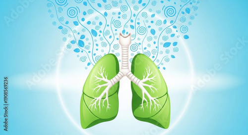 Healthy green lungs with glowing air and tree branches on blue background