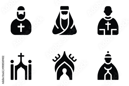 Religious Icons: Priest, Monk, Nun, Church, Cross, Symbol