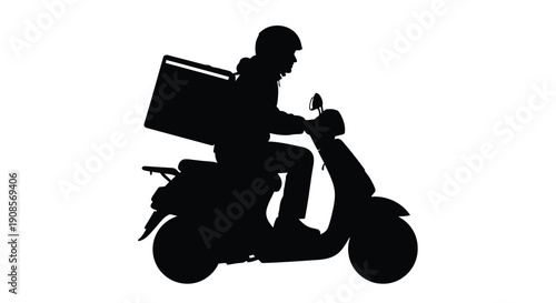 Silhouette of a delivery driver on a scooter transporting a large box