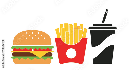 Simple illustration of a burger fries and a soda drink in black and white