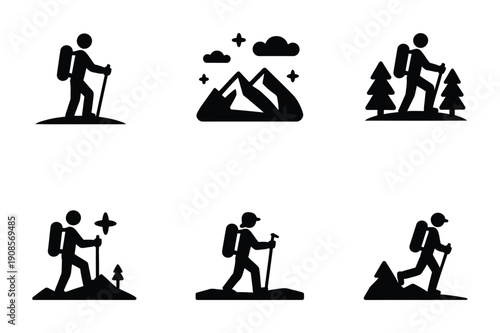 Mountain Climbing Icons: Hiker, Peak, Adventure, Nature