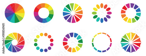 Color wheel guide. Floral patterns and palette isolated. RGB and CMYK colors. Vector illustration with rainbow light spectrum.