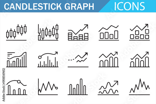 Financial trading graphs and analytics line icon collection