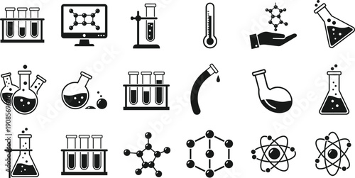 Science laboratory icon set with chemistry equipment symbols isolated on white background, research experiment elements collection for education, medical, technology, and scientific vector design