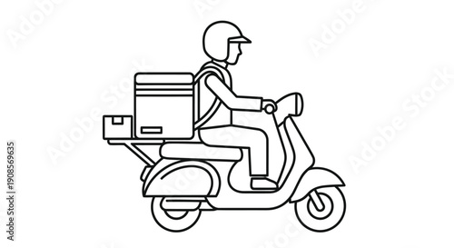 Line drawing of a delivery person riding a scooter with a large box