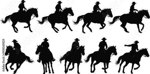 Cowboy riding horse silhouettes set showing western equestrian poses isolated on white background vector illustration collection for rodeo ranch and western design projects