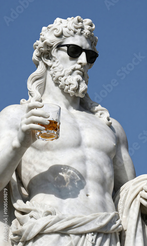 white marble sculpture zeus wearing sunglasses holding glass whiskey set bright blue background gesturing