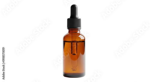 Amber glass dropper bottle with black cap and pipette containing liquid, cut out, stock png, isolated on transparent background