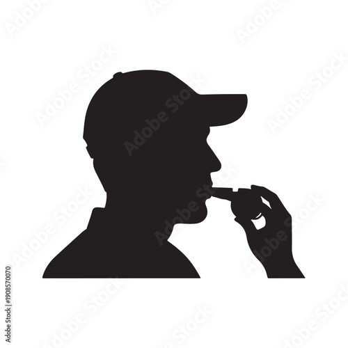 Silhouette of a man blowing a whistle wearing a cap
