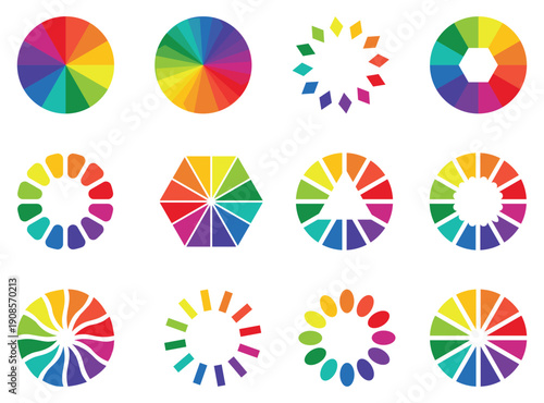Color wheels. Vector isolated elements. Wheel color spectrum. Color wheel with 12 colors, illustration isolated on white background.