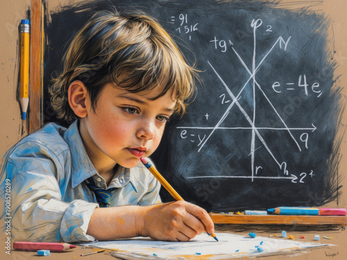 A young focused schoolboy writes in his notebook against a blackboard covered with complex mathematical formulas and graphs.