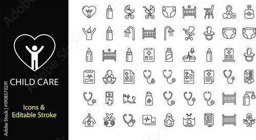 Child care and pediatrics icon set with baby bottle crib stroller diaper high chair toys medical health for nursery design, cad drawing flat vector illustration