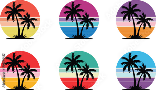 Vintage tropical palm sunset badge collection, colorful retro beach icons, circular silhouette palm trees, summer travel logo set vector illustrations