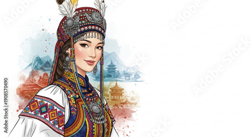 Woman in traditional ethnic headdress and ornate costume with cultural patterns