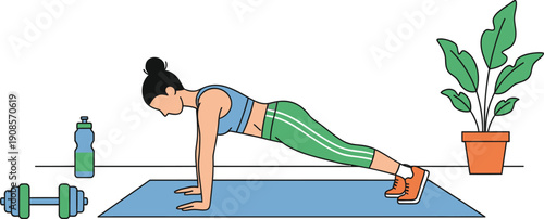 Woman doing push-ups on exercise mat with dumbbell and water bottle nearby