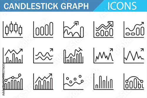 Stock market candlestick chart outline icon set for trading dashboard