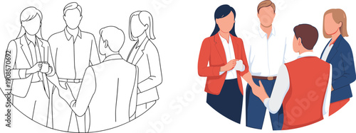 Business team illustration showing outline and colored professionals discussing together, corporate collaboration meeting concept, comparison design workflow branding strategy communication