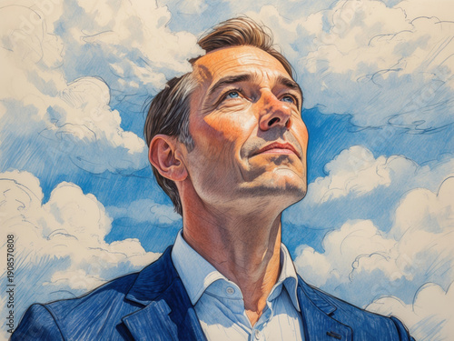 A confident businessman in a blue jacket gazes thoughtfully at a bright, cloudy sky.