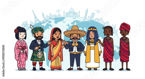 Diverse people in traditional clothing from around the world standing together