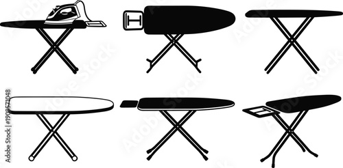 Ironing board silhouettes collection featuring household laundry equipment with iron isolated on white background vector illustration set for home appliance and cleaning design projects