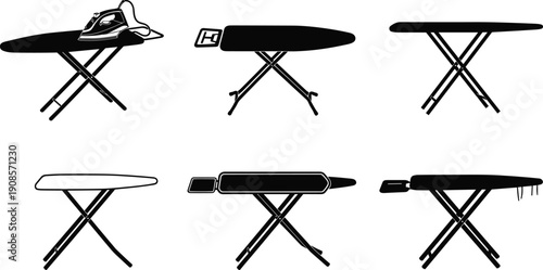 Household ironing board silhouettes collection featuring laundry equipment and iron isolated on white background vector illustration set for home cleaning and appliance design projects