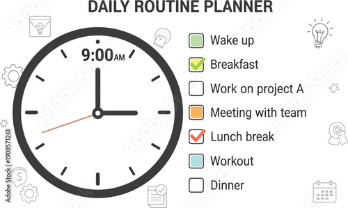 Daily routine planner with clock and task checklist