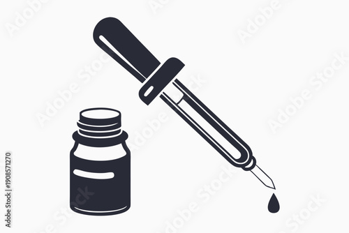 Dropper with Bottle Silhouette, Dark Grey Liquid Drop, Flat Design, Isolated White